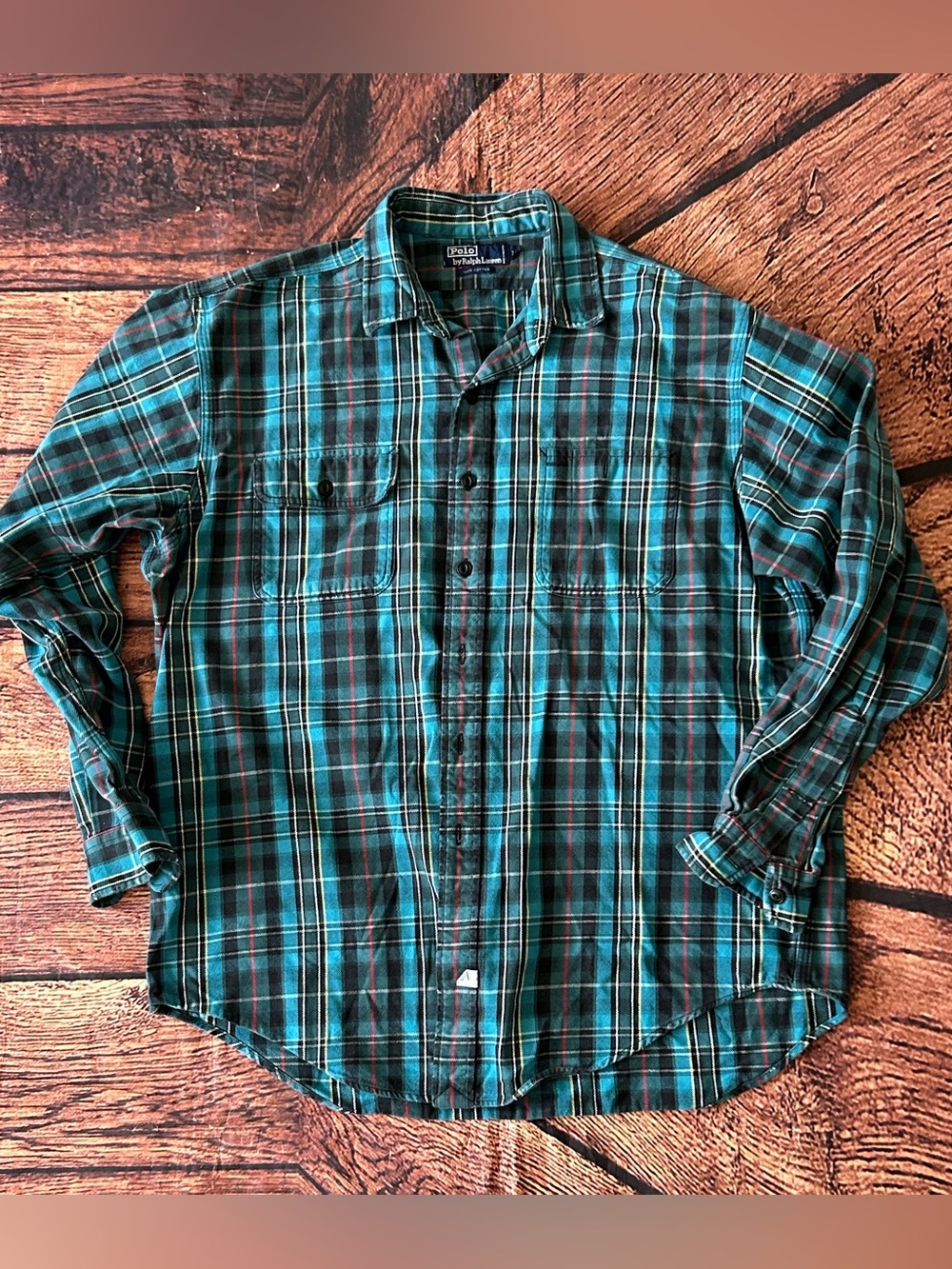 VTG Polo Ralph Lauren Mens LARGE Flannel Green Blue Plaid Shirt Size XXL